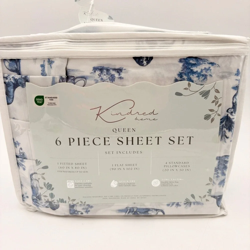Kindred Home Queen 6 Piece Sheet Set Blue White Dachshund Doxie Dog Toile